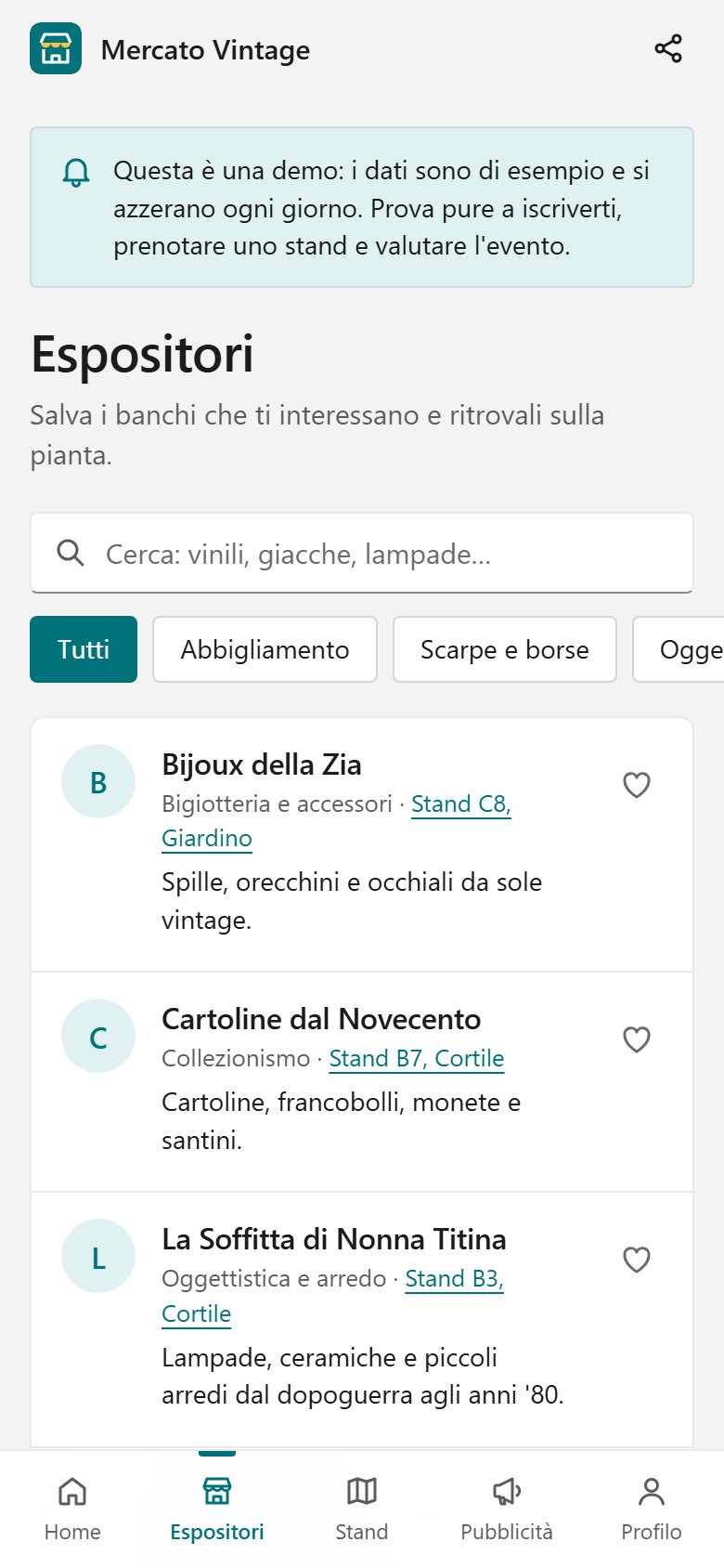 Lista espositori con ricerca, categorie e preferiti