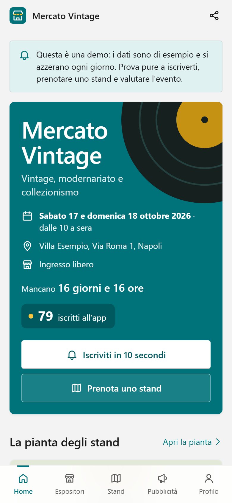 Home dell'app: evento, date, conto alla rovescia e iscritti