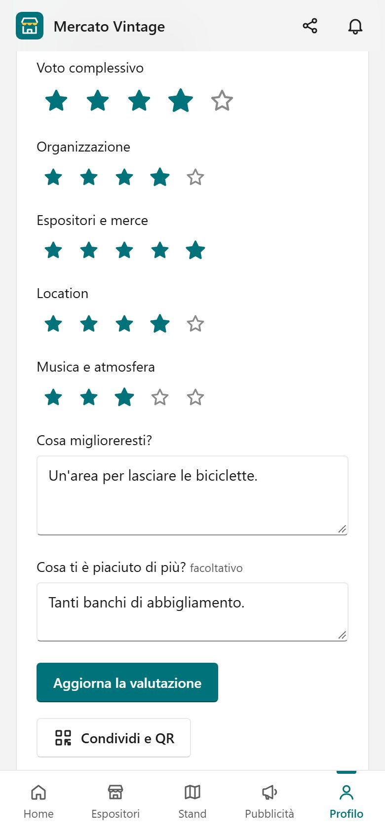 Valutazione dell'evento a stelle con suggerimenti