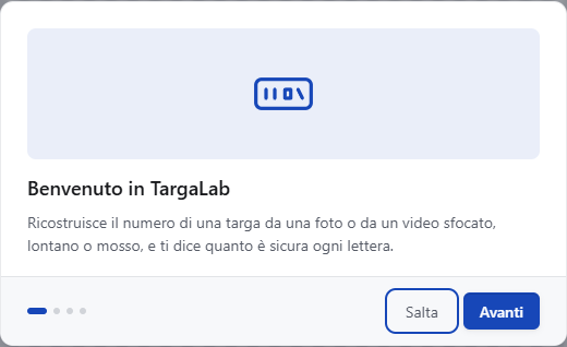 La presentazione iniziale di TargaLab con il pulsante Avanti
