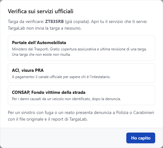 La finestra Verifica sui servizi ufficiali
