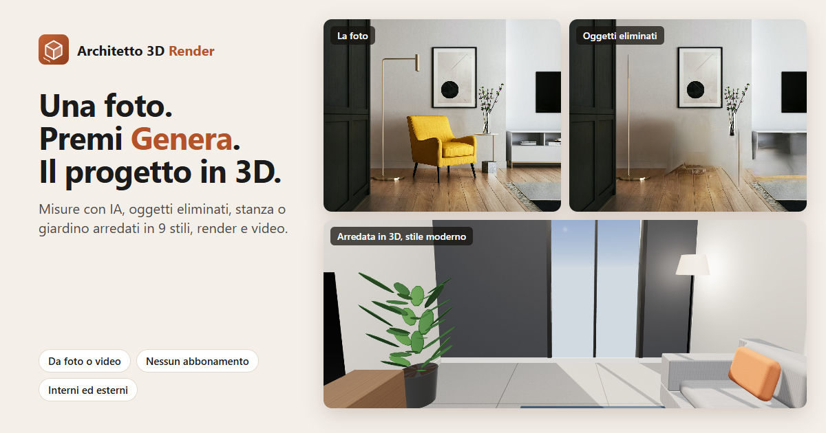ARCHITETTO 3D RENDER: foto di una stanza, la stessa foto svuotata dagli oggetti e la stanza ricostruita in 3D e arredata