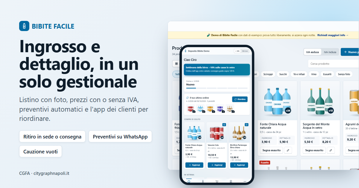 Bibite Facile: pannello con catalogo bibite e preventivo, app del cliente per riordinare sul telefono
