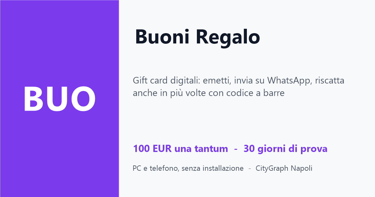 Buoni Regalo — Gift card digitali: emetti, invia su WhatsApp, riscatta anche in più volte con codice a barre
