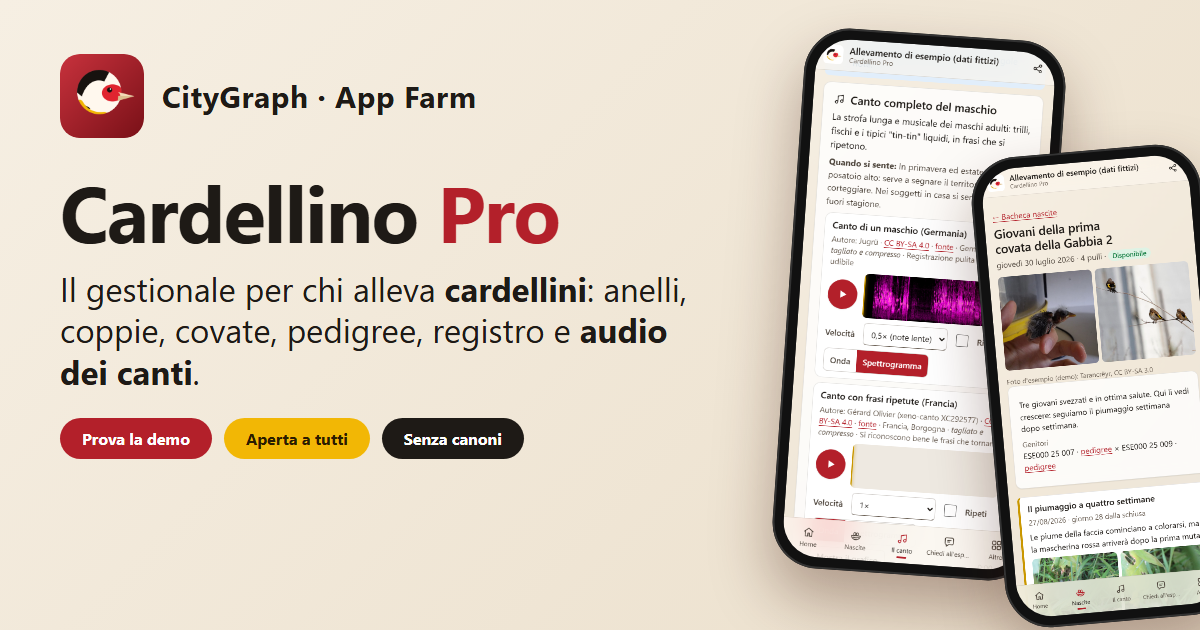 CARDELLINO PRO: app per allevatori di cardellini con covate, pedigree, canti in audio e bacheca nascite