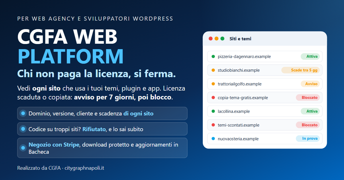 CGFA WEB PLATFORM: elenco dei siti con il tema installato, licenza e stato (attiva, avviso, bloccato)