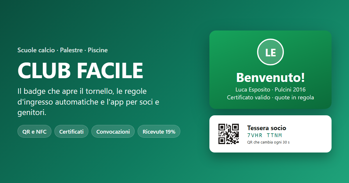 CLUB FACILE: schermata della reception con il semaforo verde dell’ingresso e la tessera con QR del socio