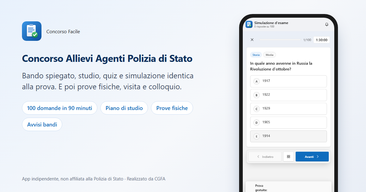 App Concorso Facile per il concorso Allievi Agenti: piano di studio, quiz e simulazione d'esame sul telefono