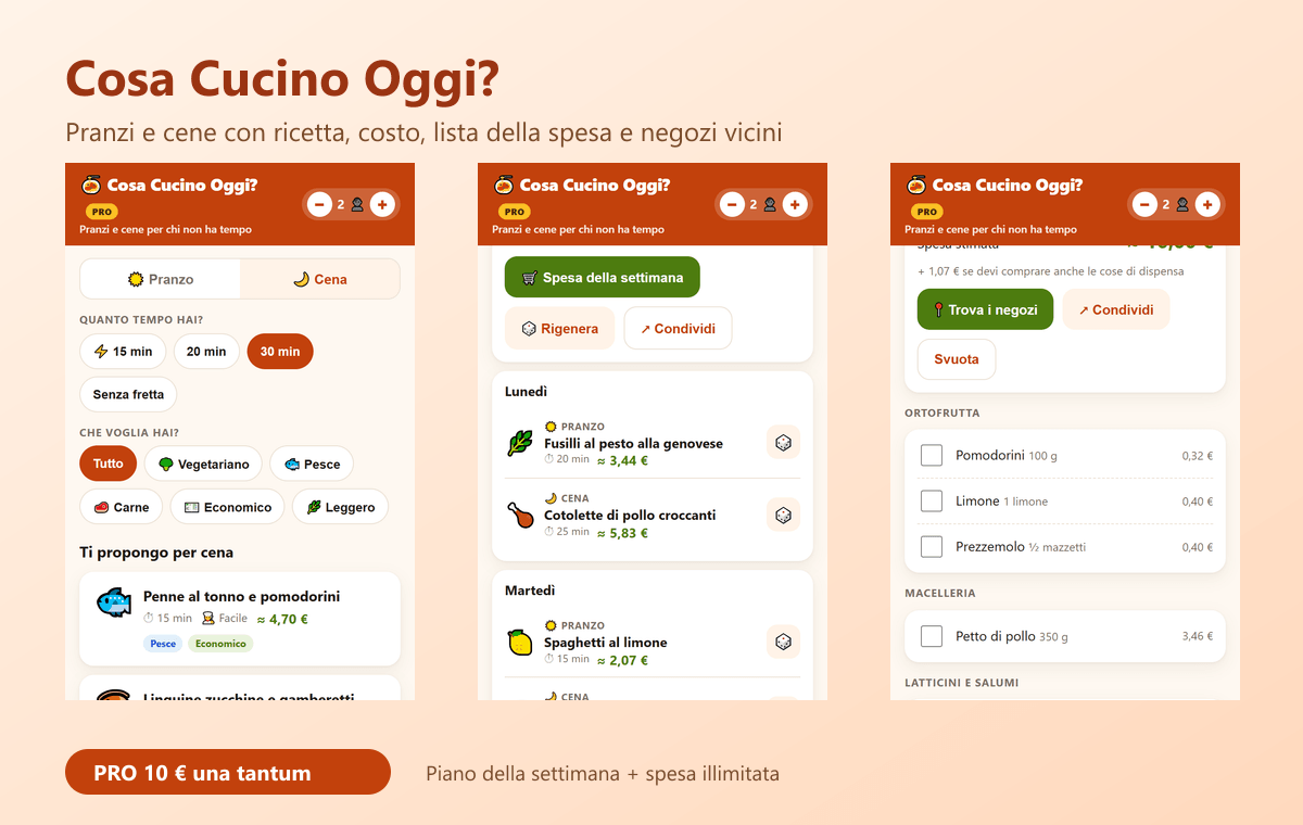 Cosa Cucino Oggi? — app con proposte di pranzi e cene, piano della settimana e lista della spesa