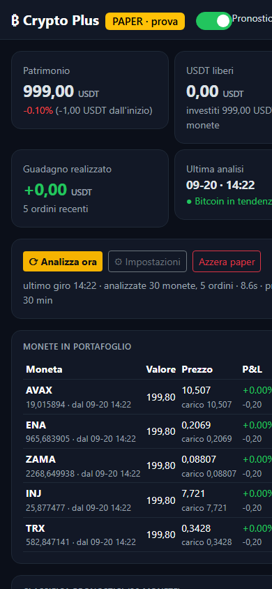 Crypto Plus sul telefono: patrimonio, interruttore Pronostico attivo e monete in portafoglio