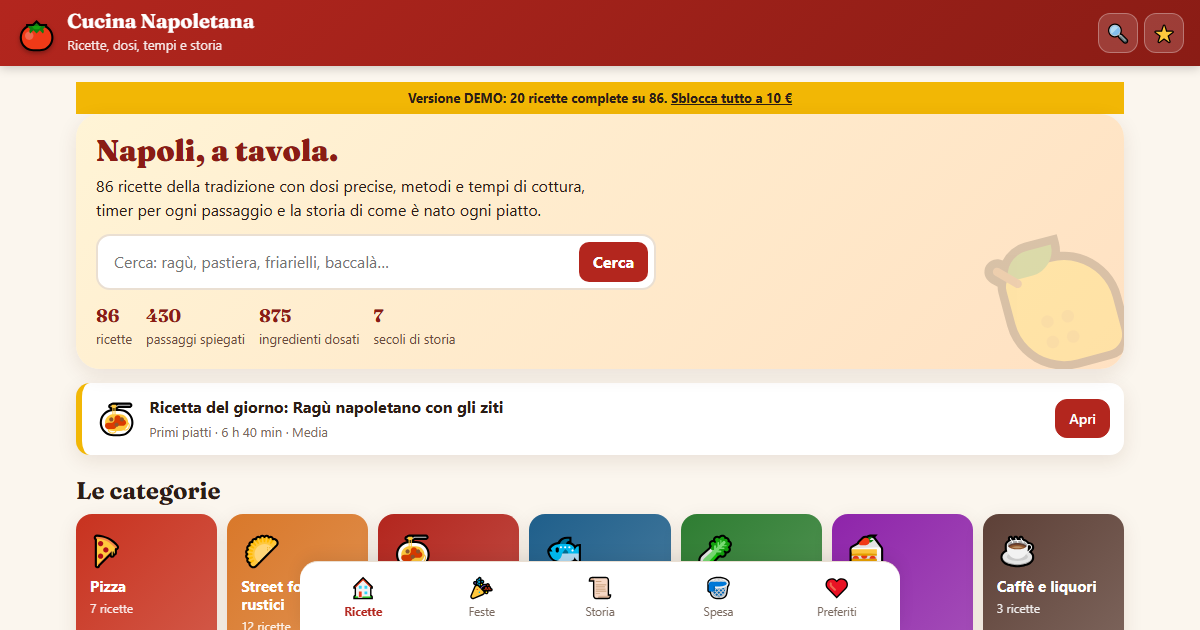 Cucina Napoletana — app con ricette napoletane, dosi, tempi di cottura e storia dei piatti