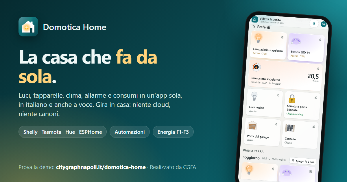 DOMOTICA HOME — centrale domotica italiana: plancia con luci, termostato, serratura e cancello sul telefono