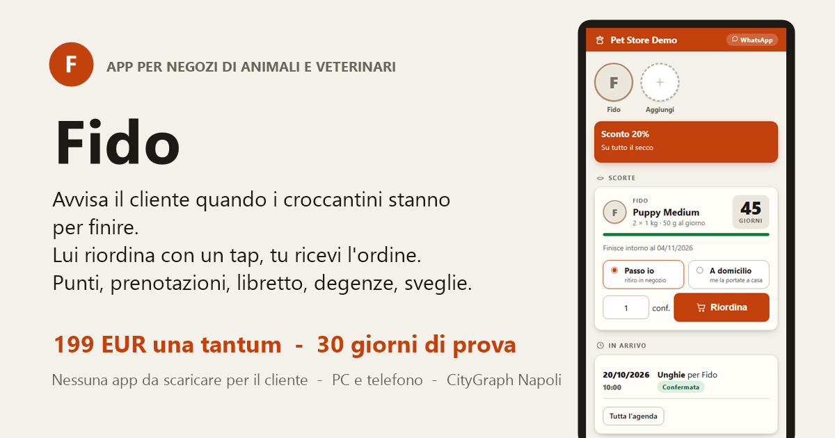 Fido — l'app per negozi di animali e veterinari: avviso fine scorta e riordino con un tap