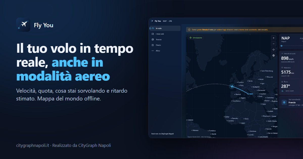 FLY YOU — l'app con velocita', quota, mappa del mondo e ritardo stimato del volo