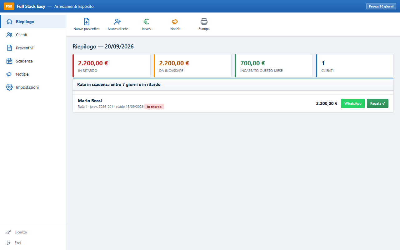 Full Stack Easy — riepilogo del programma (stile gestionale): rate in ritardo, da incassare, incassato del mese