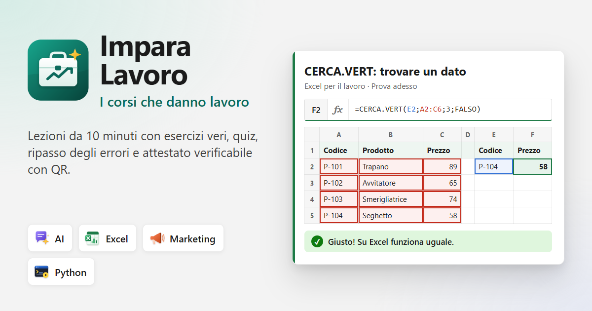 IMPARA LAVORO: lezione di Excel con la formula CERCA.VERT calcolata nella griglia