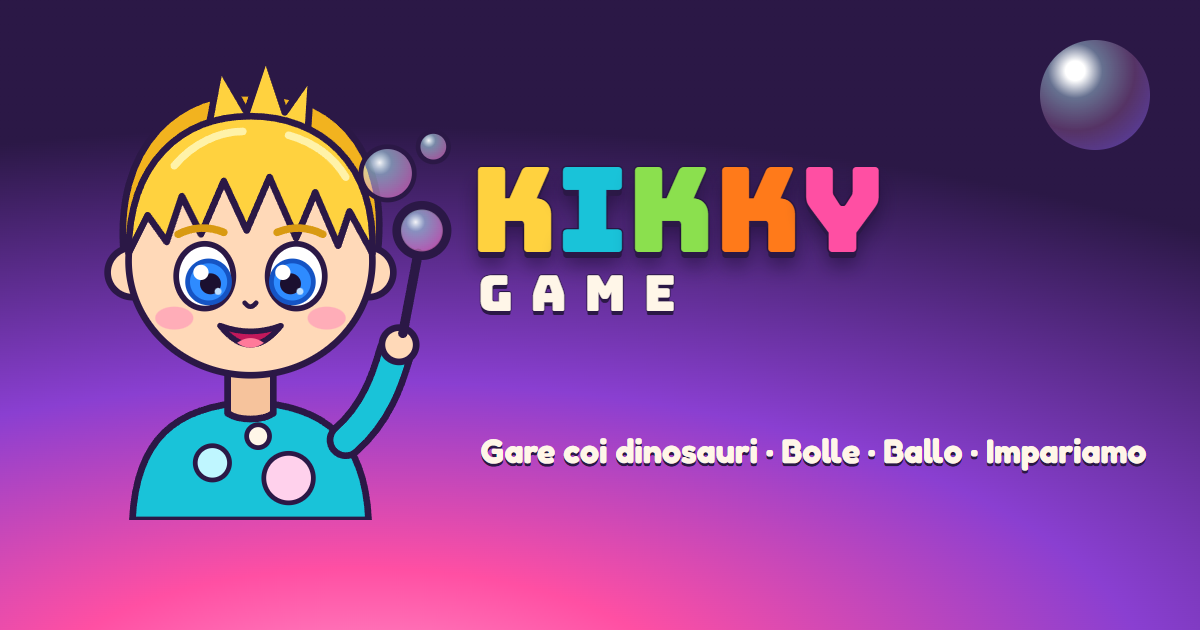 Kikky, bimbo biondo con gli occhi azzurri, con la bacchetta delle bolle di sapone e il logo KIKKYGAME