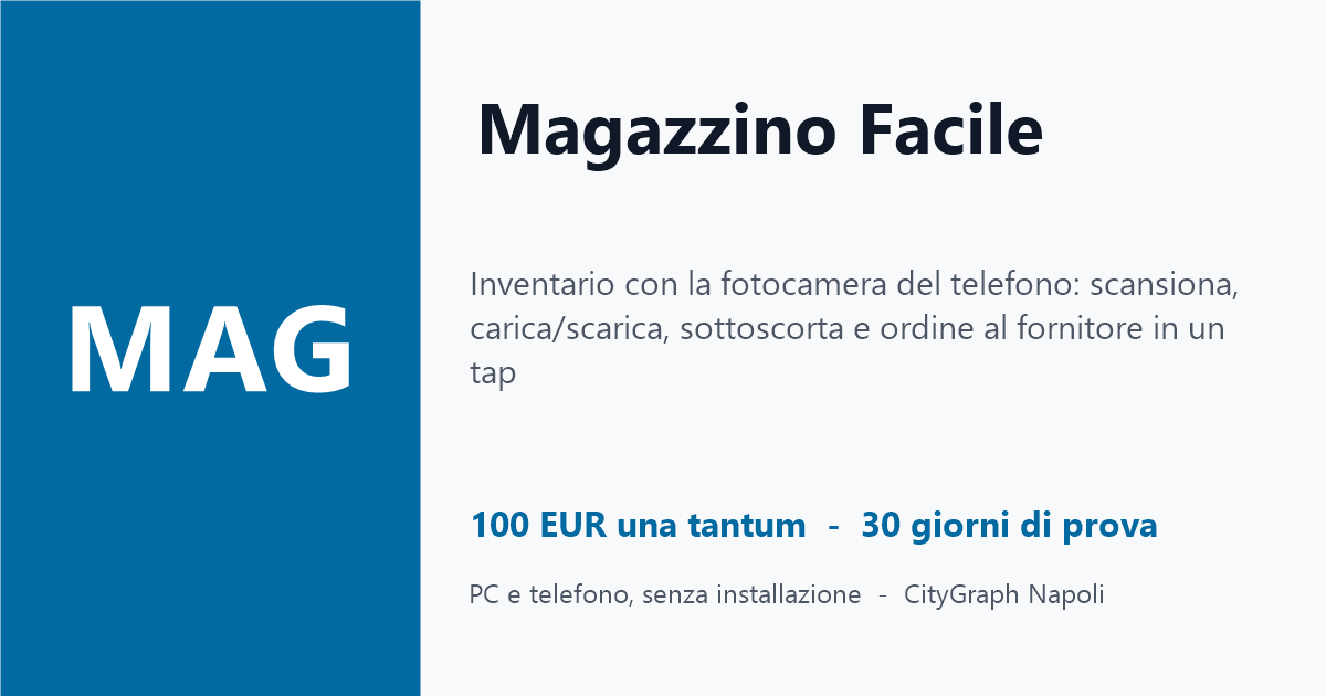 Magazzino Facile — Inventario con la fotocamera del telefono: scansiona, carica/scarica, sottoscorta e ordine al fornitore in un tap