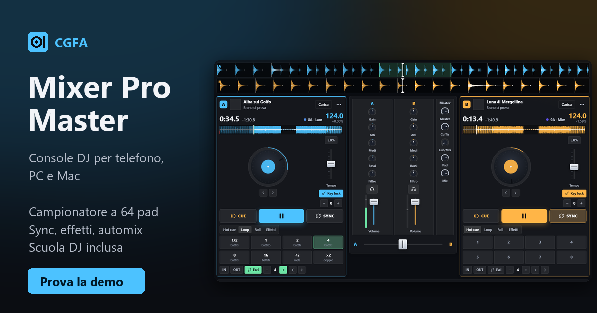 MIXER PRO MASTER — console DJ con due deck, mixer e campionatore che funziona su telefono, PC e Mac