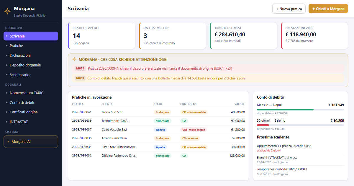 MORGANA &mdash; scrivania del gestionale doganale con pratiche, tributi e assistente