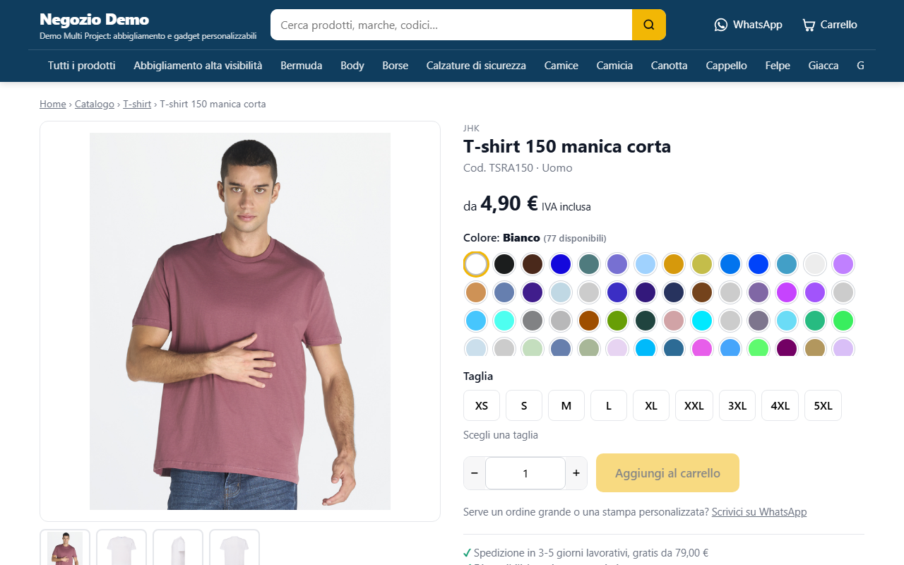 Multi Project — scheda prodotto del negozio demo: colori, taglie, disponibilità e prezzo del rivenditore