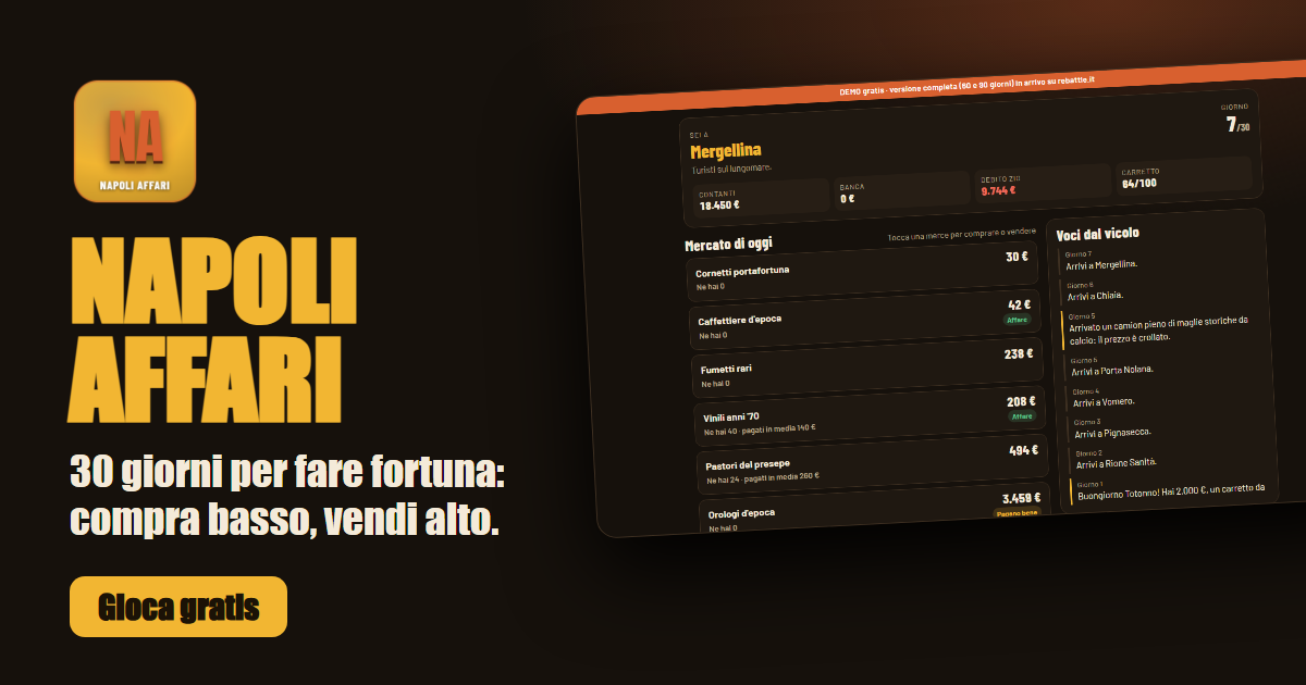Napoli Affari — gioco di commercio: listino della merce nei quartieri di Napoli con debito, banca e carretto