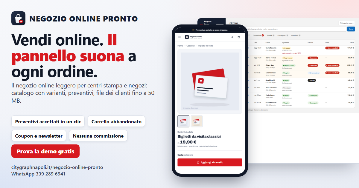 Negozio Online Pronto: scheda prodotto sul telefono e pannello ordini con stati, pagamenti e tempi di consegna