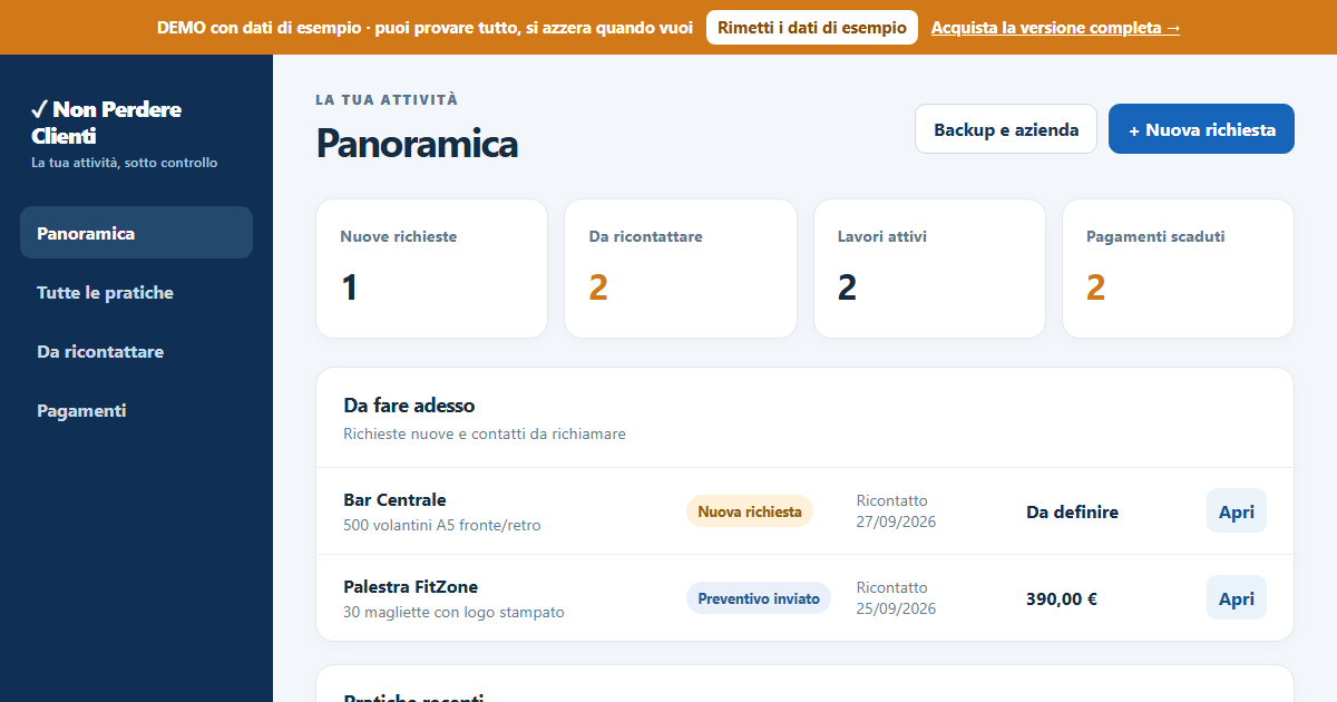 Non Perdere Clienti — panoramica con nuove richieste, clienti da ricontattare, lavori attivi e pagamenti scaduti