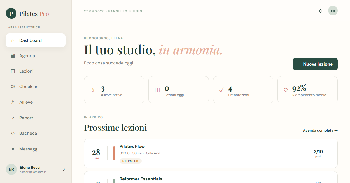 PILATES PRO — dashboard dell'istruttrice con allieve attive, prenotazioni e prossime lezioni