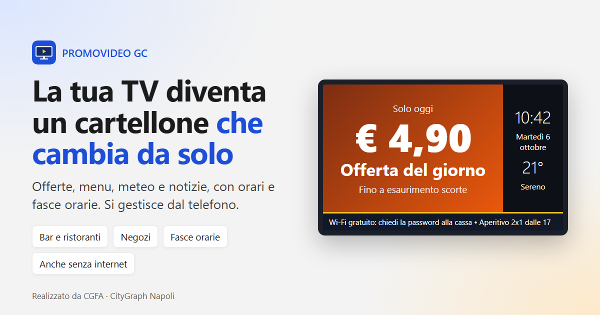 PROMOVIDEO GC: la TV del negozio con offerta del giorno, ora e meteo