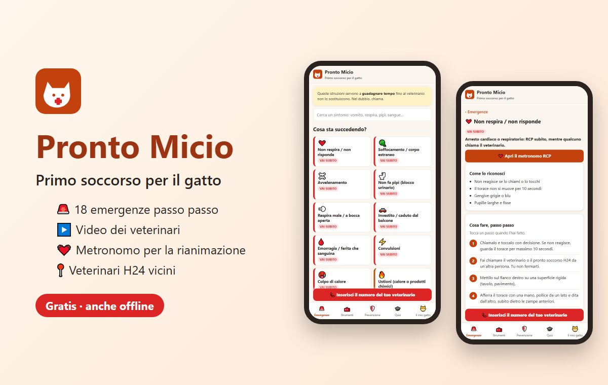 Pronto Micio — app di primo soccorso per il gatto con emergenze, RCP e veterinari vicini