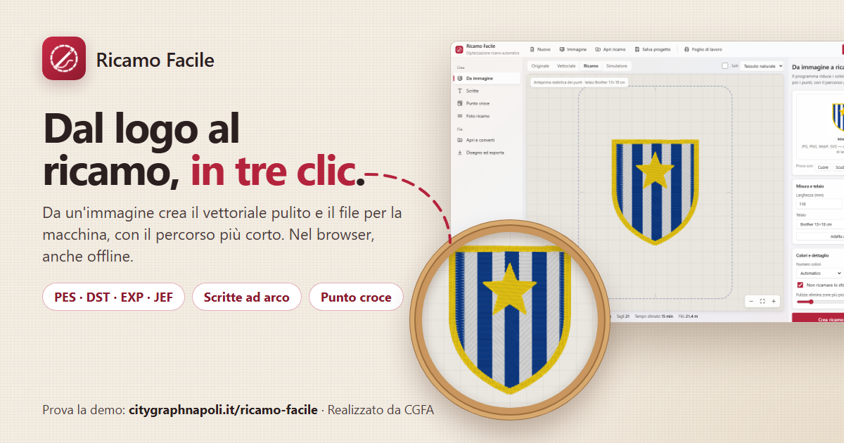 RICAMO FACILE — scudetto ricamato nel telaio e programma di digitalizzazione ricamo con anteprima dei punti