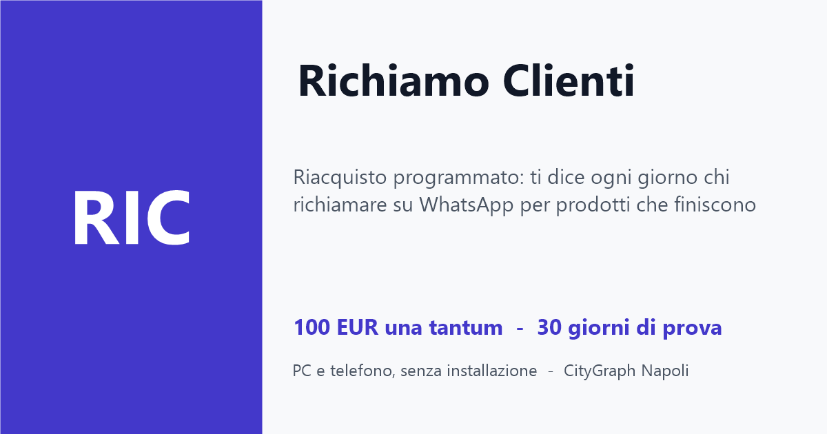 Richiamo Clienti — Riacquisto programmato: ti dice ogni giorno chi richiamare su WhatsApp per prodotti che finiscono