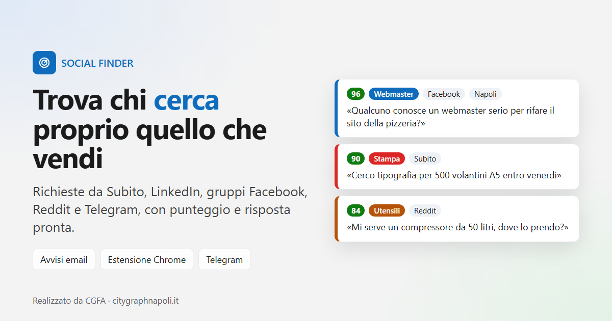 SOCIAL FINDER: contatti di chi cerca prodotti e servizi trovati su Facebook, Subito e Reddit