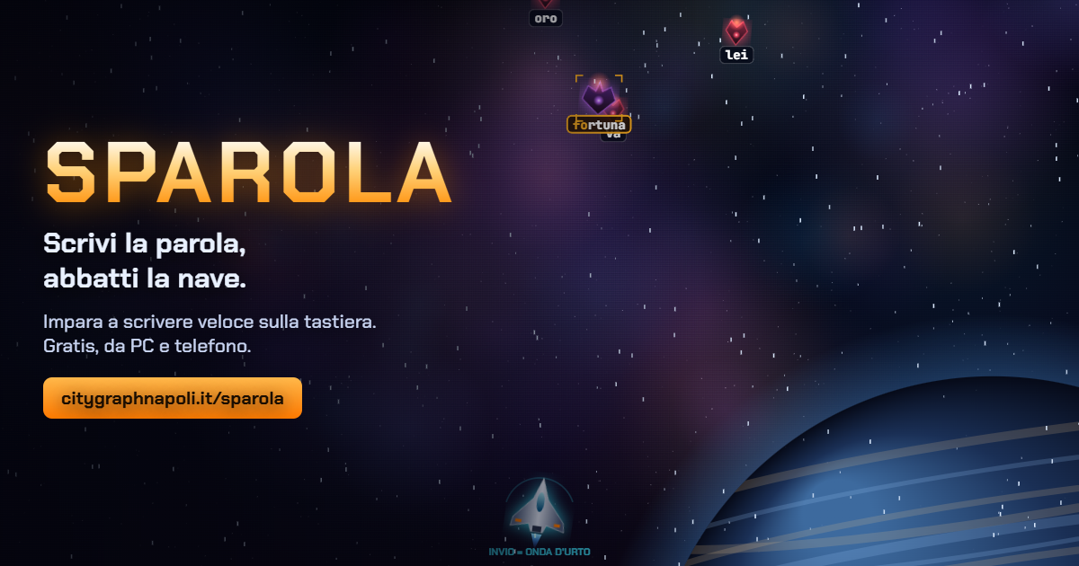 SPAROLA — gioco per imparare a scrivere veloce: la nave spara alle parole scritte sulla tastiera