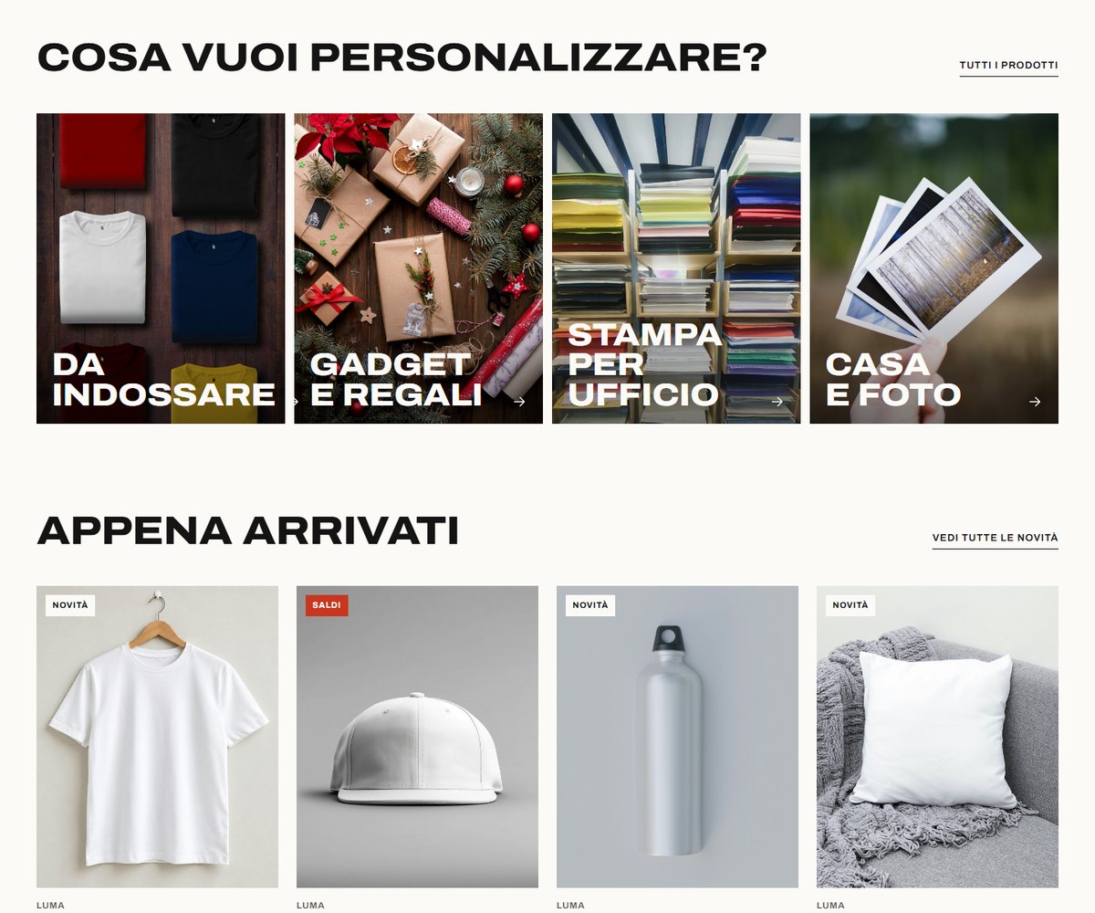 TradeSilus: lista collezioni con foto verticali e griglia dei prodotti con badge Novità e Saldi