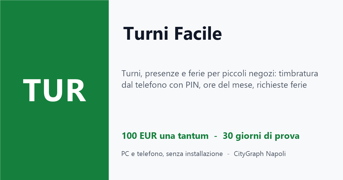 Turni Facile — Turni, presenze e ferie per piccoli negozi: timbratura dal telefono con PIN, ore del mese, richieste ferie