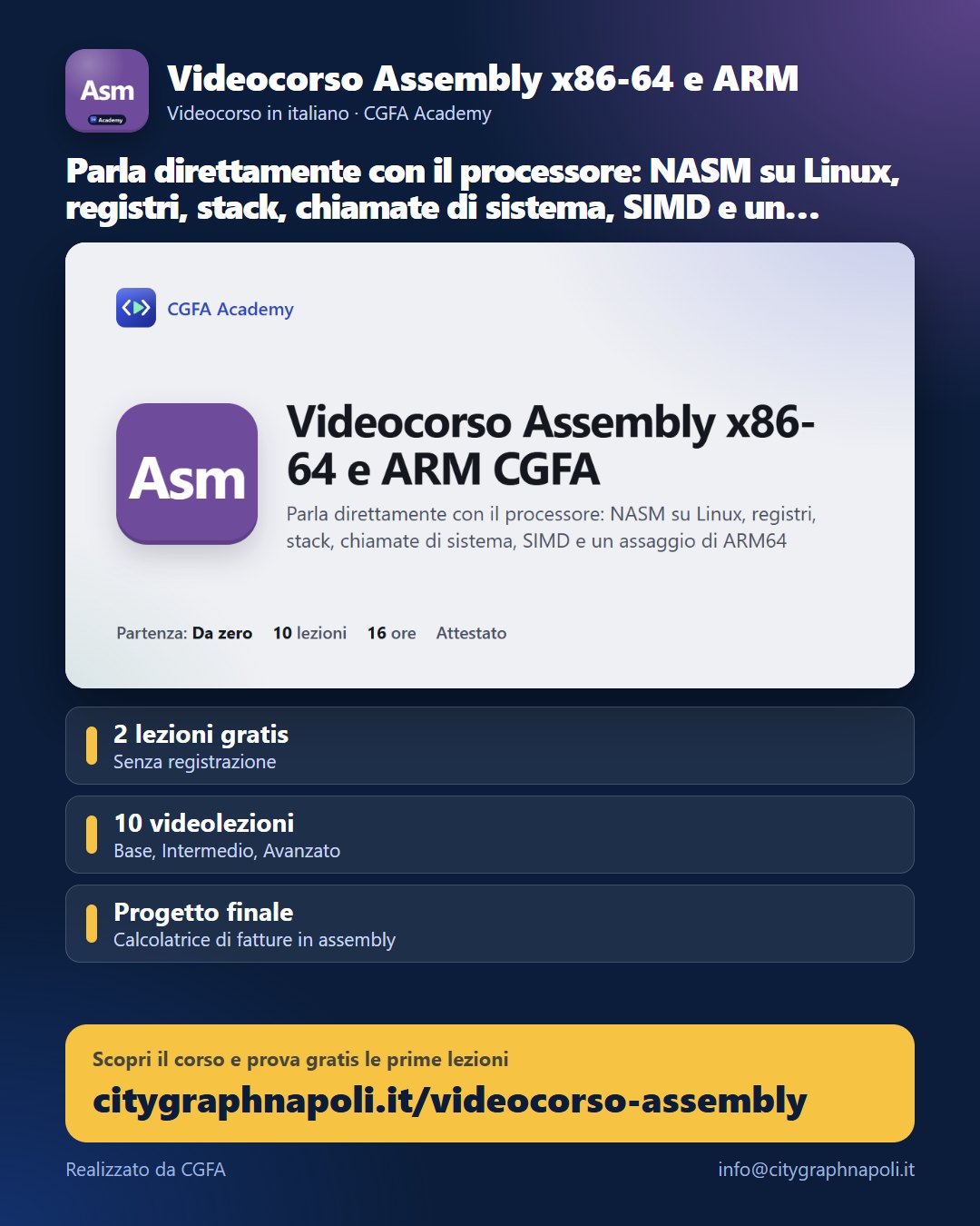 Volantino Videocorso Assembly x86-64 e ARM - formato post