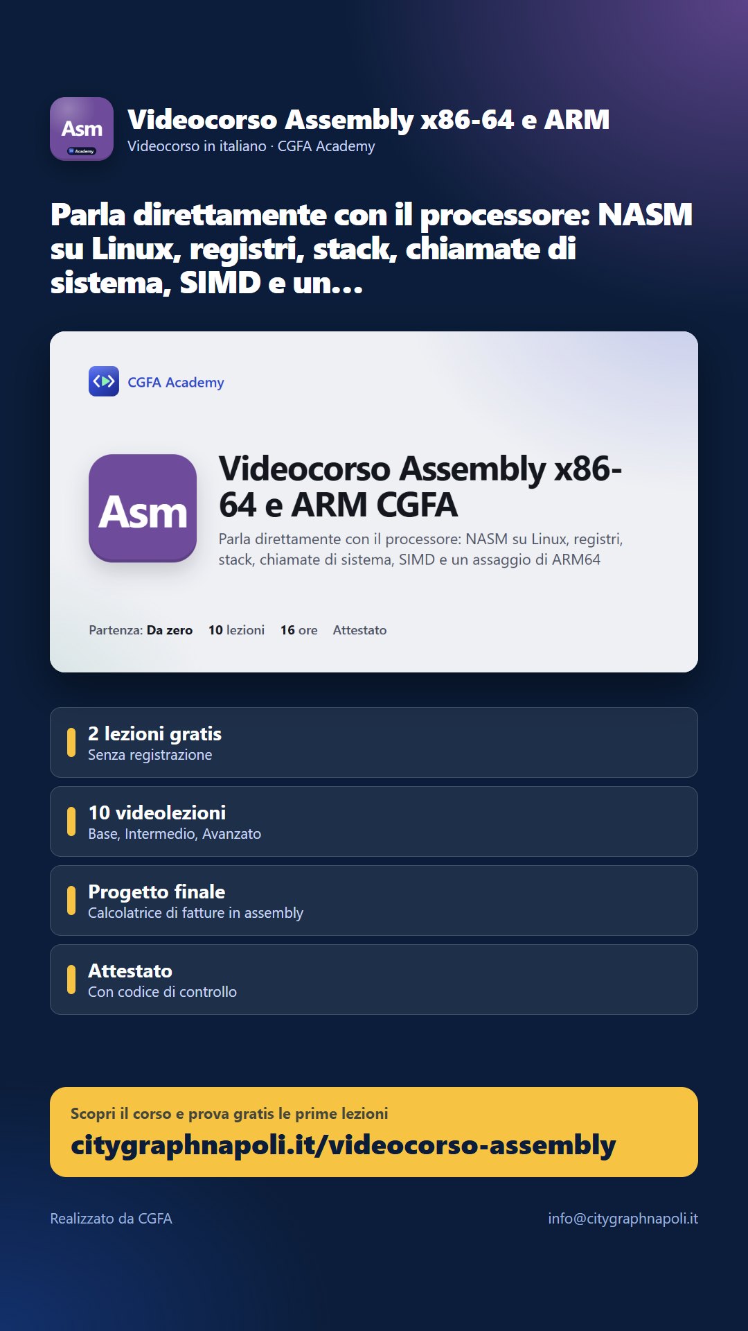 Volantino Videocorso Assembly x86-64 e ARM - formato storia