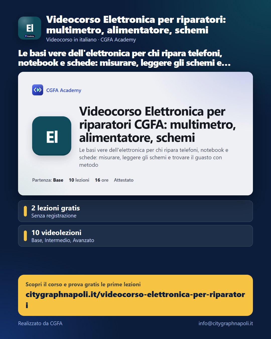 Volantino Videocorso Elettronica per riparatori: multimetro, alimentatore, schemi - formato post