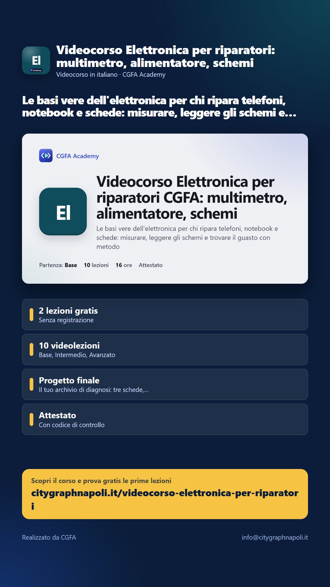 Volantino Videocorso Elettronica per riparatori: multimetro, alimentatore, schemi - formato storia