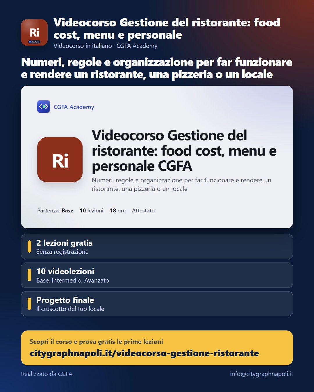 Volantino Videocorso Gestione del ristorante: food cost, menu e personale - formato post