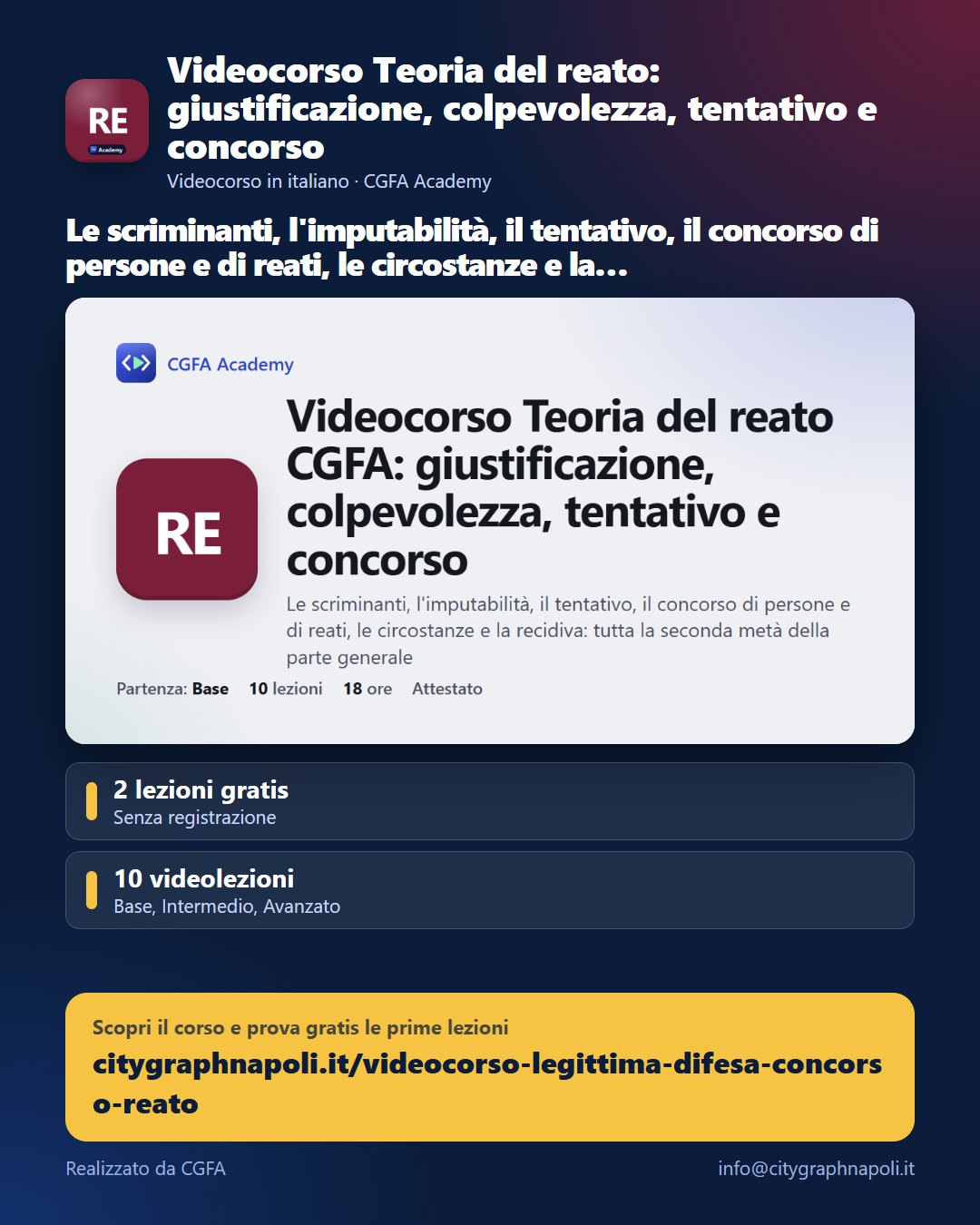 Volantino Videocorso Teoria del reato: giustificazione, colpevolezza, tentativo e concorso - formato post