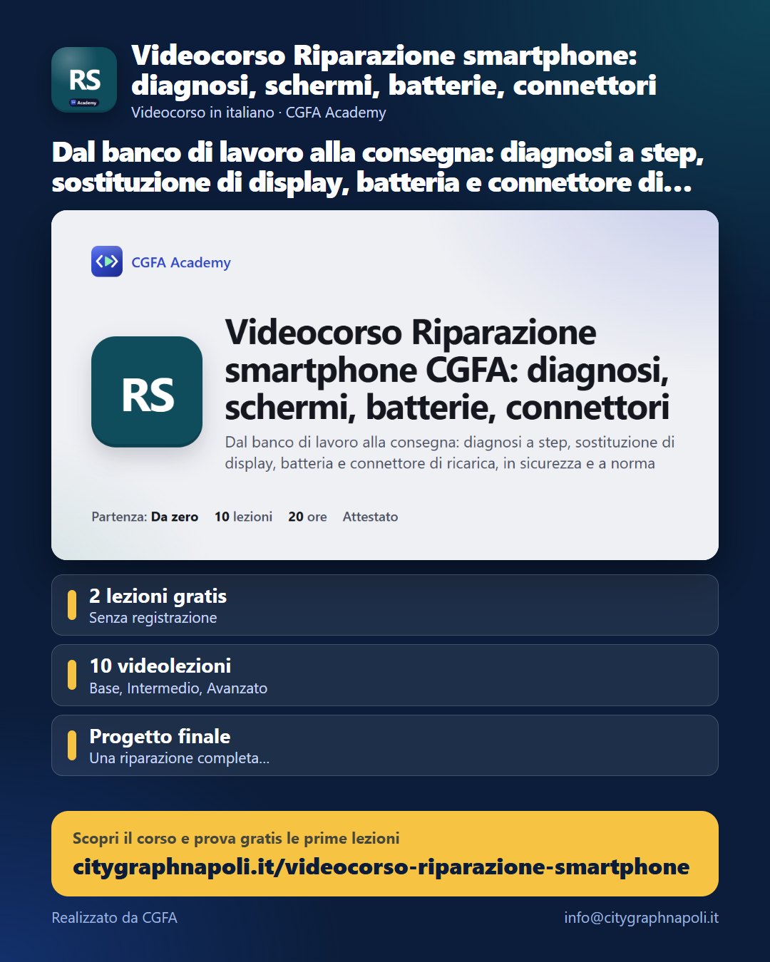 Volantino Videocorso Riparazione smartphone: diagnosi, schermi, batterie, connettori - formato post