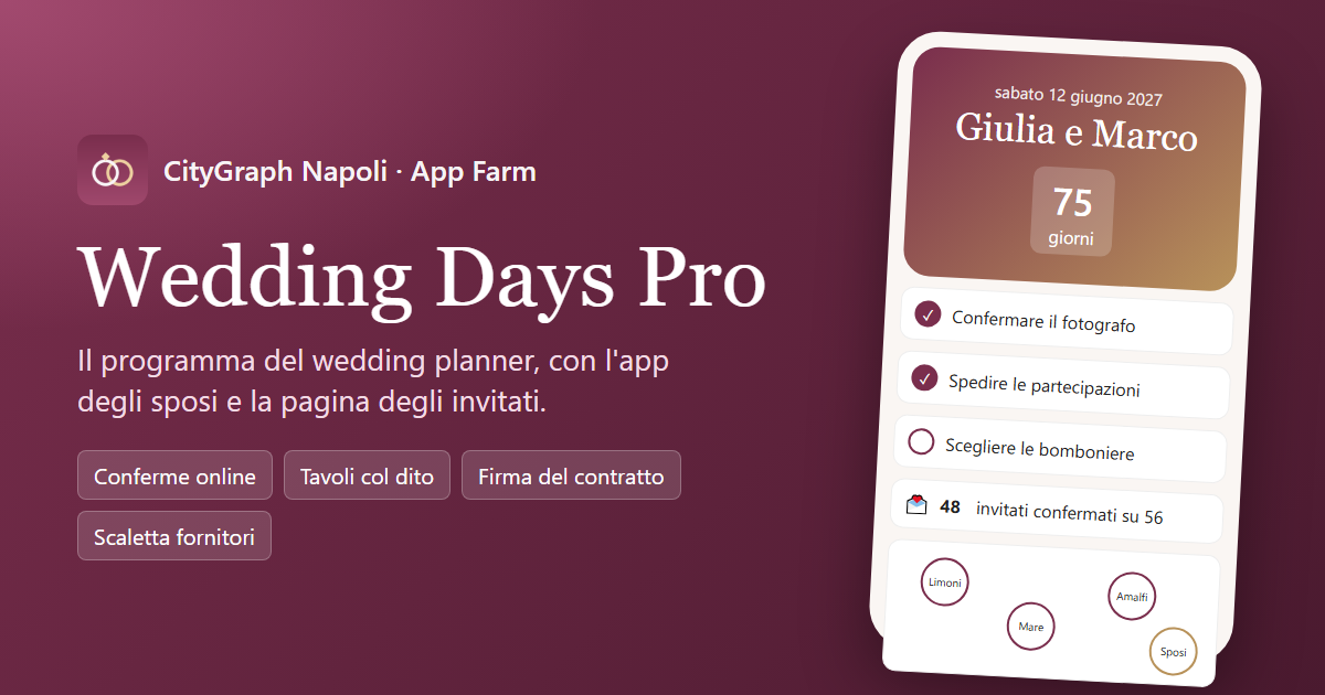 WEDDING DAYS PRO — il programma del wedding planner con app degli sposi, invitati e tavoli